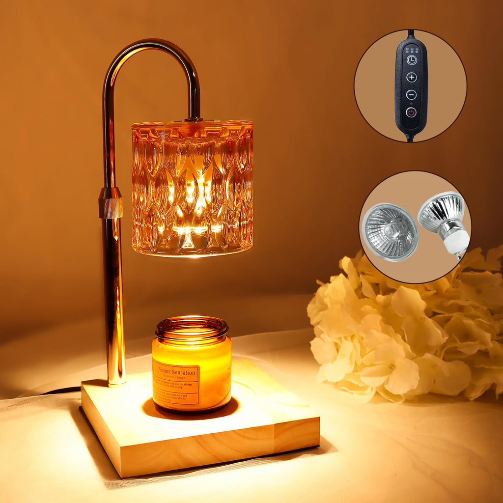 Candle warmer lamp glowing over a jar candle