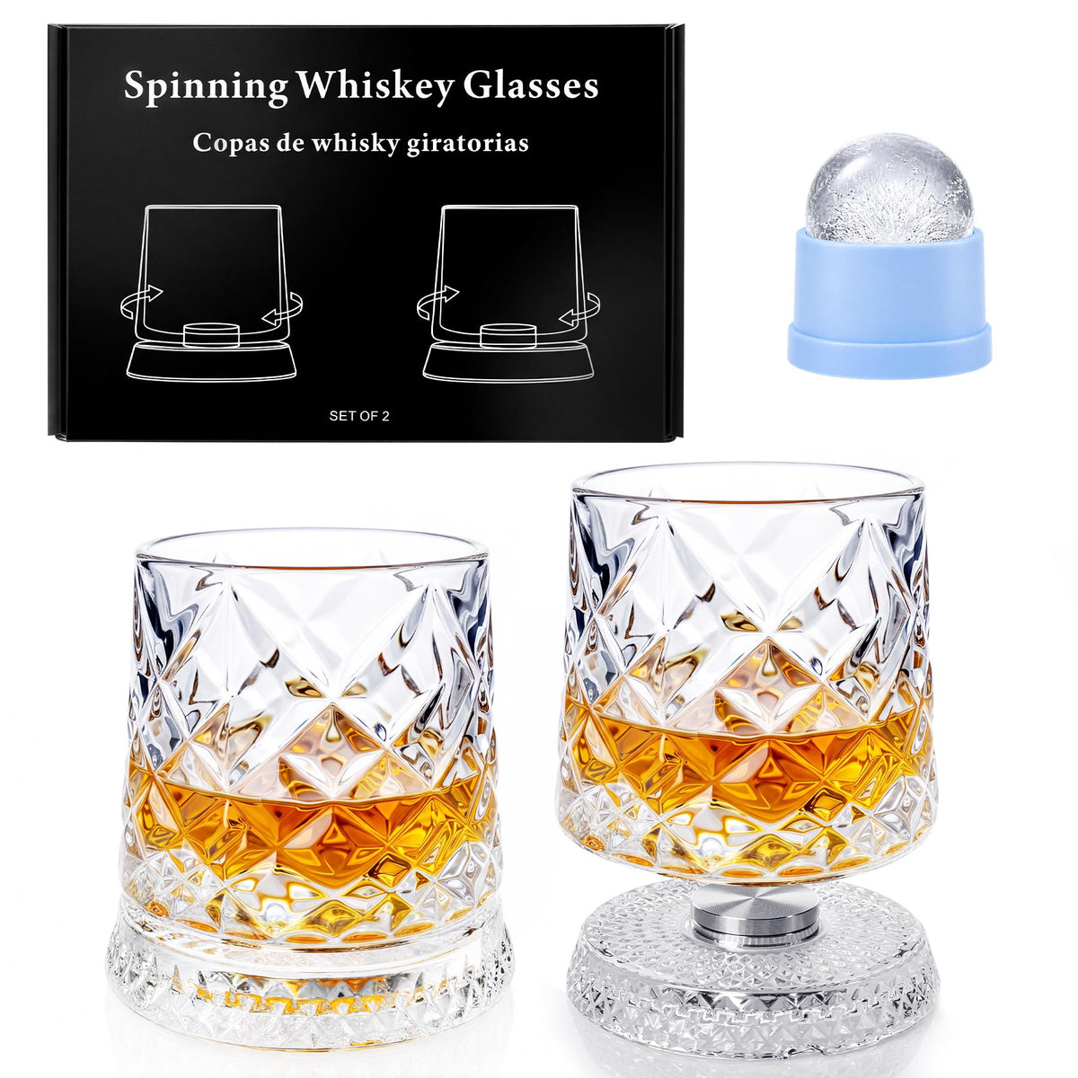 Spinning Whiskey Glass Gift Set — Rotating Glasses with Ice Ball Molds