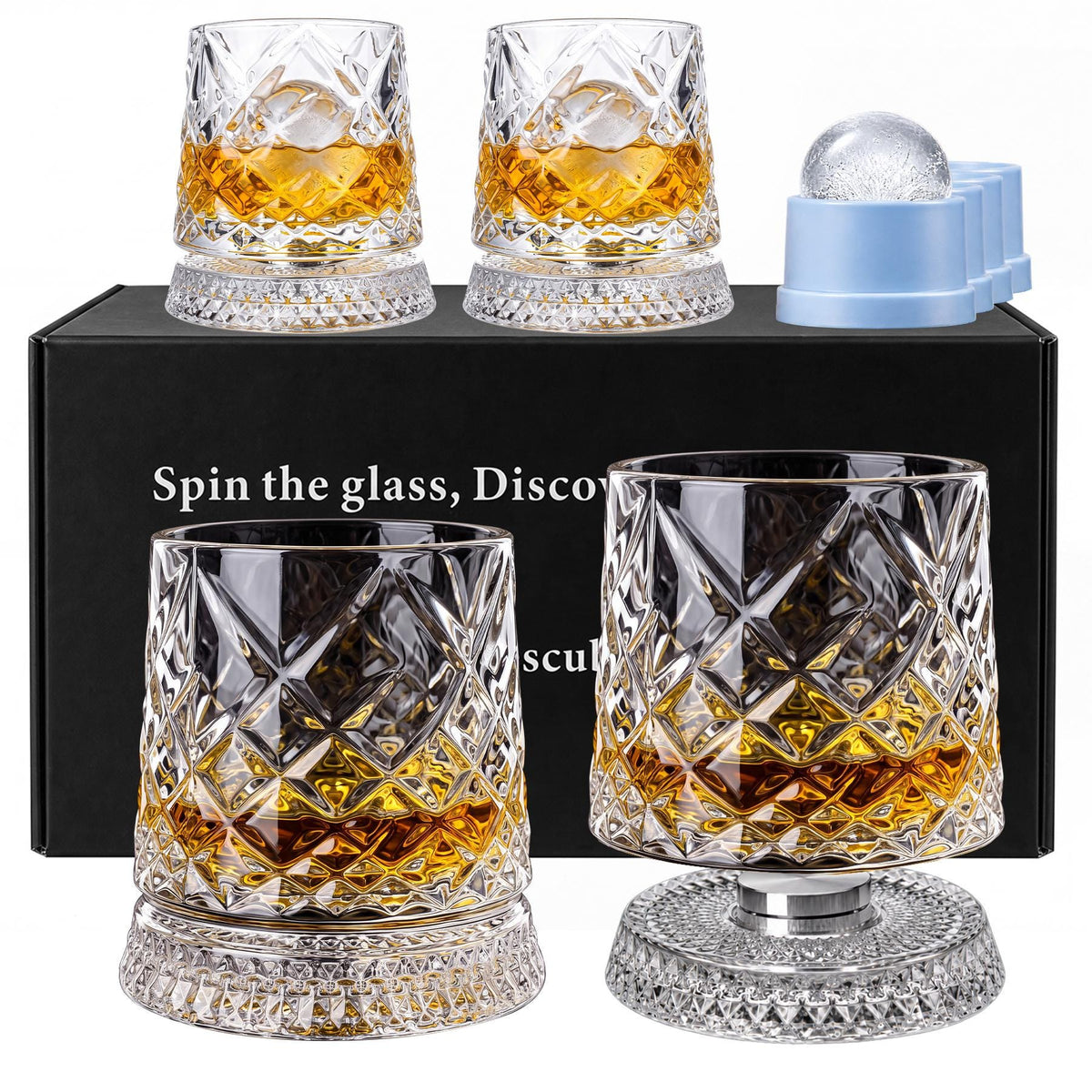 Spinning Whiskey Glass Gift Set — Rotating Glasses with Ice Ball Molds