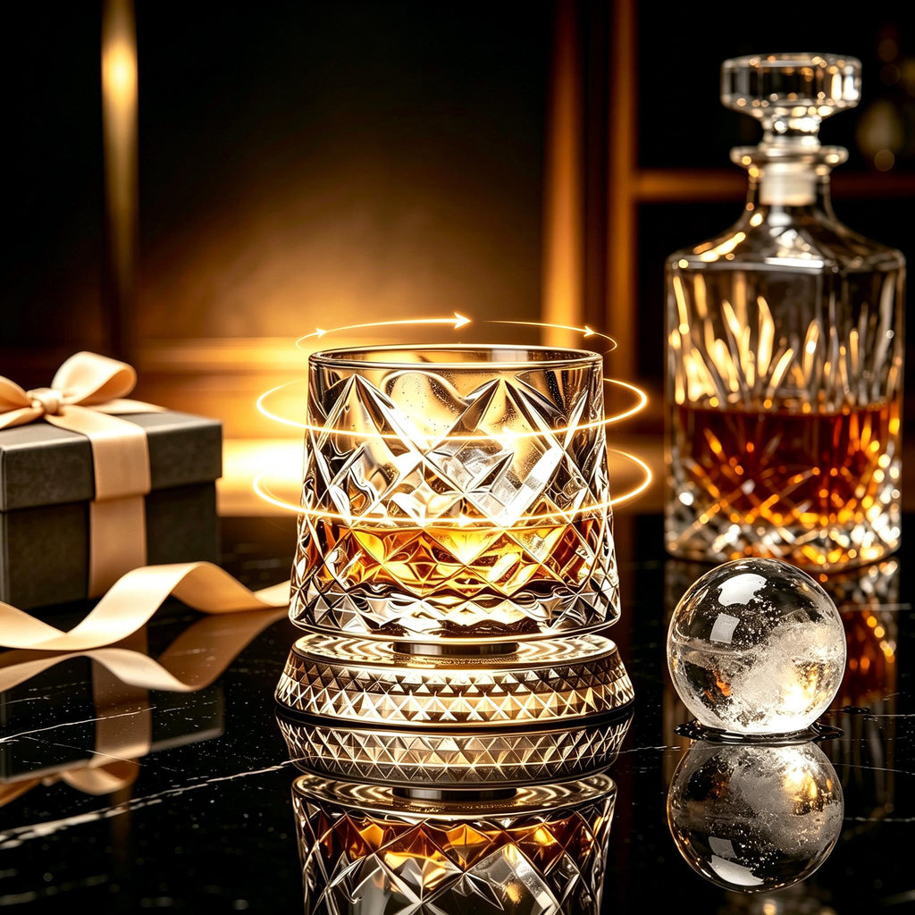 Spinning Whiskey Glass Gift Set — Rotating Glasses with Ice Ball Molds